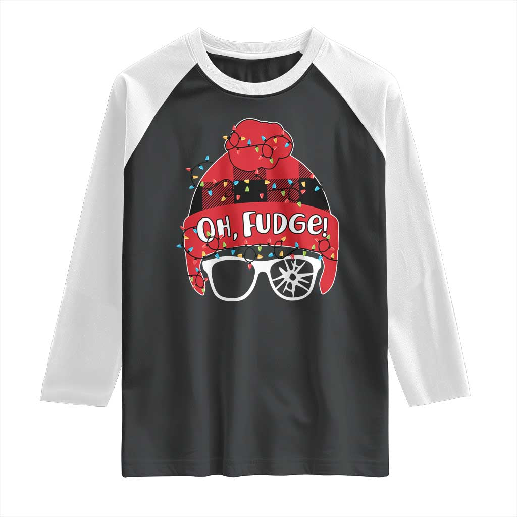 Funny Christmas Movie Raglan Shirt Oh Fudge Buffalo Plaid Printed Graphic Beanie Cap Xmas Light TS11 Black White Print Your Wear