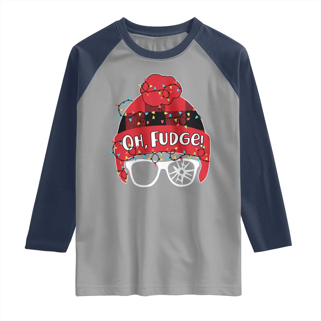 Funny Christmas Movie Raglan Shirt Oh Fudge Buffalo Plaid Printed Graphic Beanie Cap Xmas Light TS11 Sport Gray Navy Print Your Wear