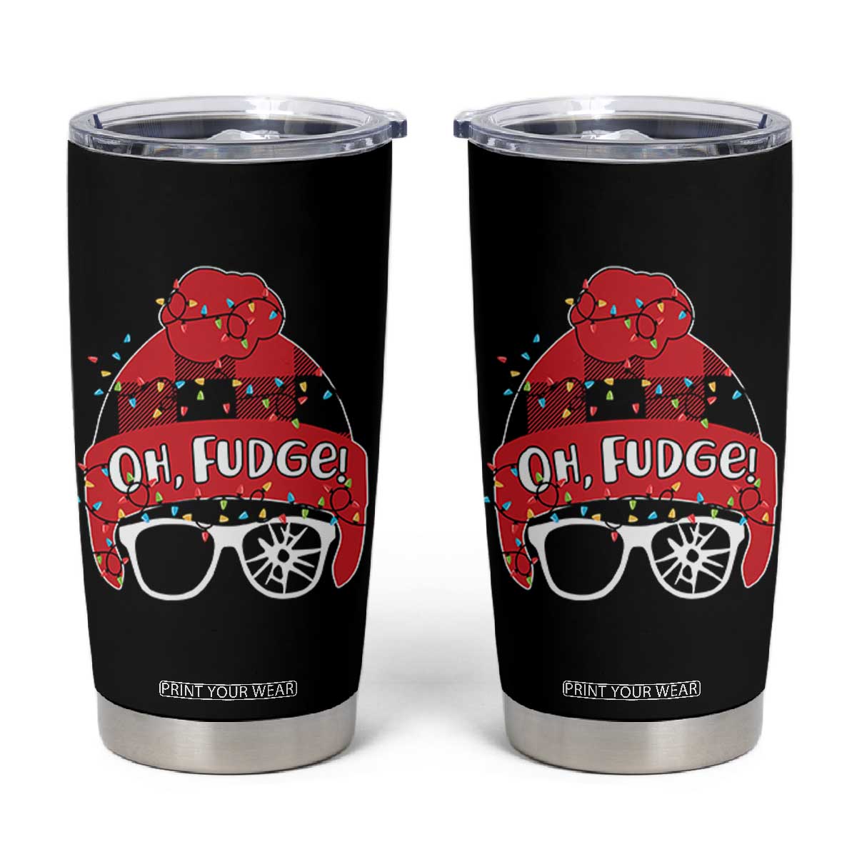 Funny Christmas Movie Tumbler Cup Oh Fudge Buffalo Plaid Printed Graphic Beanie Cap Xmas Light TS11 Black Print Your Wear