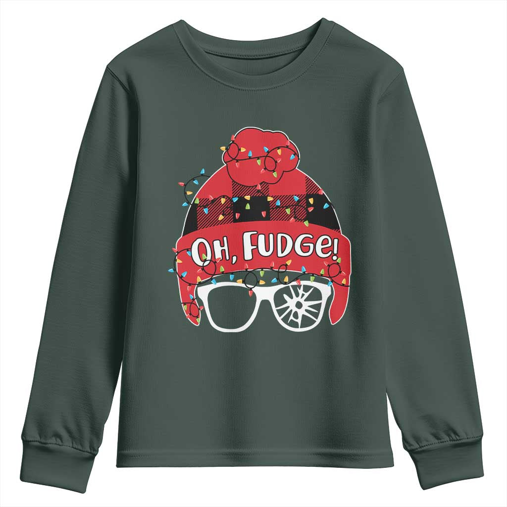 Funny Christmas Movie Youth Sweatshirt Oh Fudge Buffalo Plaid Printed Graphic Beanie Cap Xmas Light TS11 Dark Forest Green Print Your Wear