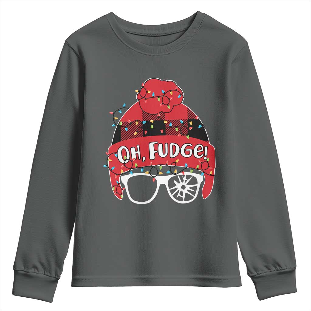 Funny Christmas Movie Youth Sweatshirt Oh Fudge Buffalo Plaid Printed Graphic Beanie Cap Xmas Light TS11 Dark Heather Print Your Wear