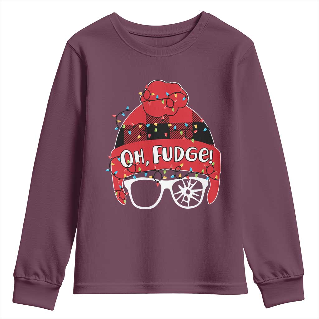 Funny Christmas Movie Youth Sweatshirt Oh Fudge Buffalo Plaid Printed Graphic Beanie Cap Xmas Light TS11 Maroon Print Your Wear