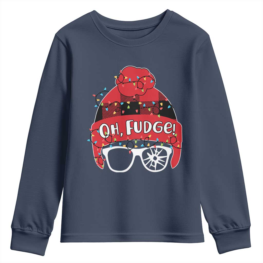 Funny Christmas Movie Youth Sweatshirt Oh Fudge Buffalo Plaid Printed Graphic Beanie Cap Xmas Light TS11 Navy Print Your Wear