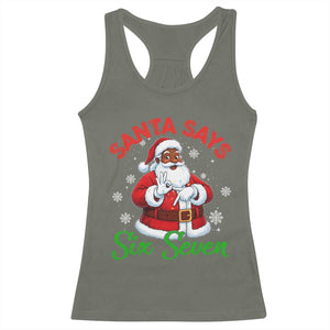 Funny Black Santa Says Six Seven Racerback Tank Top Christmas 67 Meme African American Santa Gen Alpha Slang TS11 Military Green Print Your Wear