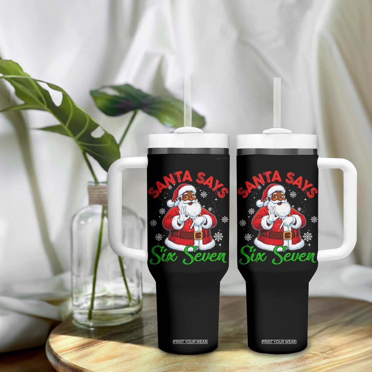 Funny Black Santa Says Six Seven Tumbler With Handle Christmas 67 Meme African American Santa Gen Alpha Slang TS11 Print Your Wear