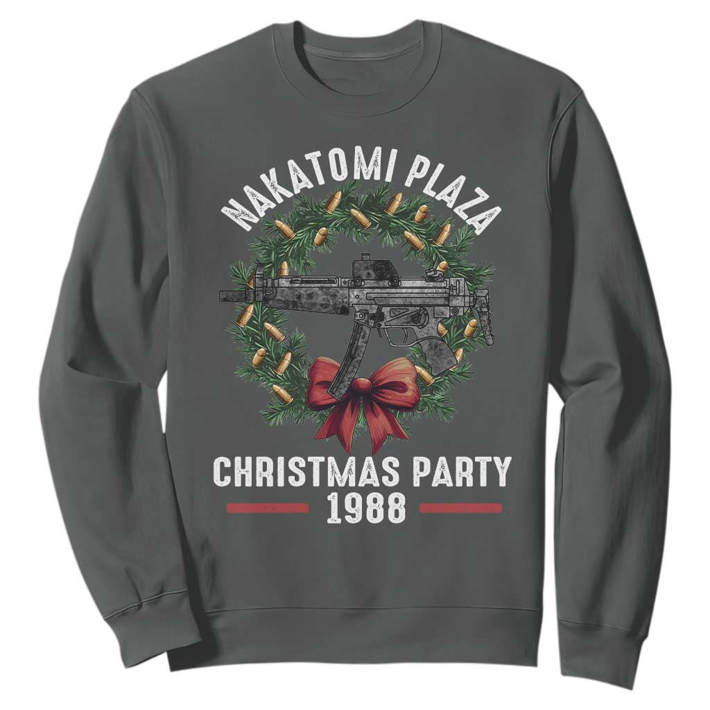 Funny Nakatomi Plaza Sweatshirt Christmas Party 1988 Xmas Bullet Gun Wreath TS11 Dark Heather Print Your Wear