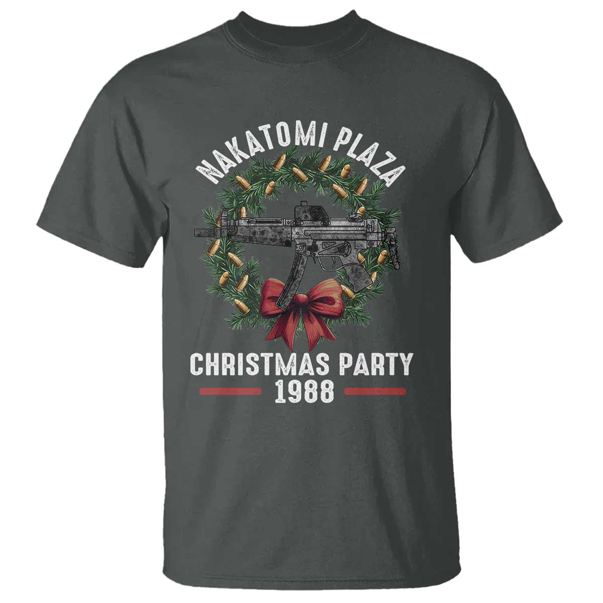 Funny Nakatomi Plaza T Shirt Christmas Party 1988 Xmas Bullet Gun Wreath TS11 Dark Heather Print Your Wear