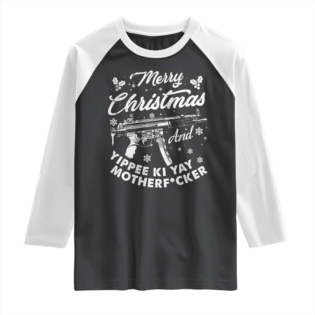 Funny Nakatomi Plaza Raglan Shirt Merry Christmas And Yippee Ki Yay Snowflake Gun TS11 Black White Print Your Wear
