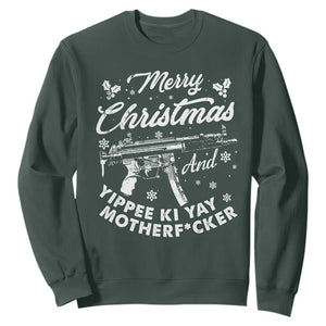 Funny Nakatomi Plaza Sweatshirt Merry Christmas And Yippee Ki Yay Snowflake Gun TS11 Dark Forest Green Print Your Wear