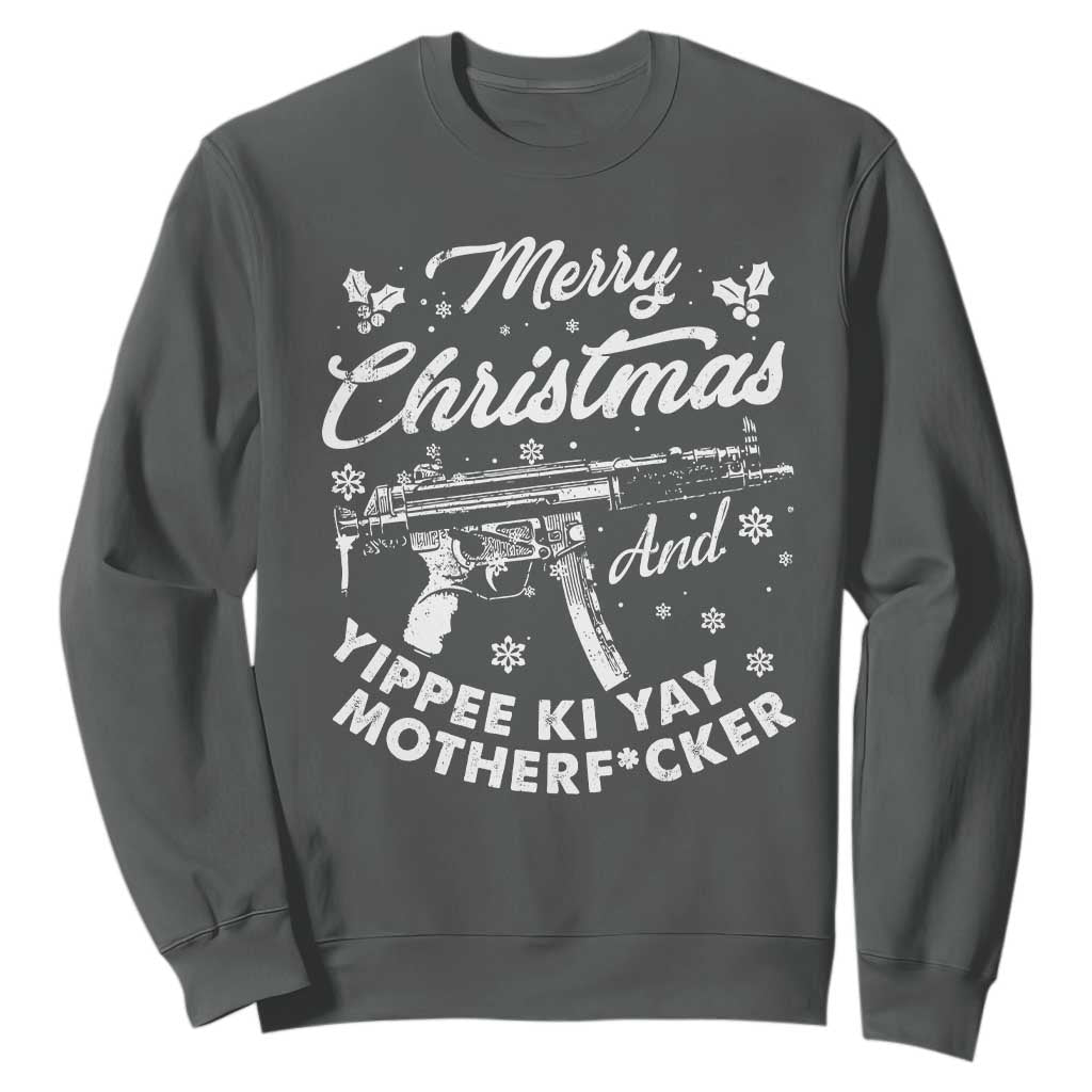 Funny Nakatomi Plaza Sweatshirt Merry Christmas And Yippee Ki Yay Snowflake Gun TS11 Dark Heather Print Your Wear