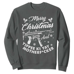 Funny Nakatomi Plaza Sweatshirt Merry Christmas And Yippee Ki Yay Snowflake Gun TS11 Dark Heather Print Your Wear