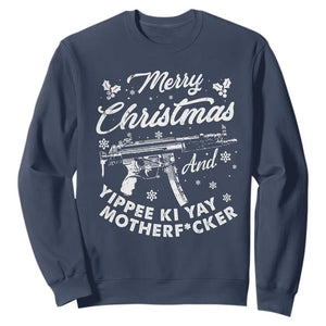 Funny Nakatomi Plaza Sweatshirt Merry Christmas And Yippee Ki Yay Snowflake Gun TS11 Navy Print Your Wear