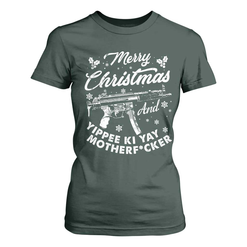 Funny Nakatomi Plaza T Shirt For Women Merry Christmas And Yippee Ki Yay Snowflake Gun TS11 Dark Forest Green Print Your Wear