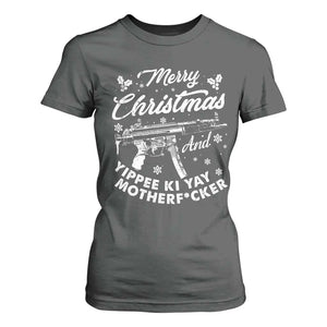 Funny Nakatomi Plaza T Shirt For Women Merry Christmas And Yippee Ki Yay Snowflake Gun TS11 Dark Heather Print Your Wear