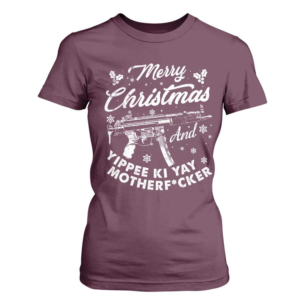 Funny Nakatomi Plaza T Shirt For Women Merry Christmas And Yippee Ki Yay Snowflake Gun TS11 Maroon Print Your Wear