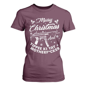 Funny Nakatomi Plaza T Shirt For Women Merry Christmas And Yippee Ki Yay Snowflake Gun TS11 Maroon Print Your Wear