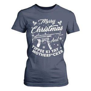 Funny Nakatomi Plaza T Shirt For Women Merry Christmas And Yippee Ki Yay Snowflake Gun TS11 Navy Print Your Wear