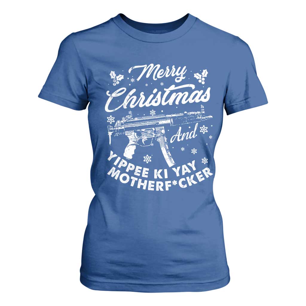 Funny Nakatomi Plaza T Shirt For Women Merry Christmas And Yippee Ki Yay Snowflake Gun TS11 Royal Blue Print Your Wear