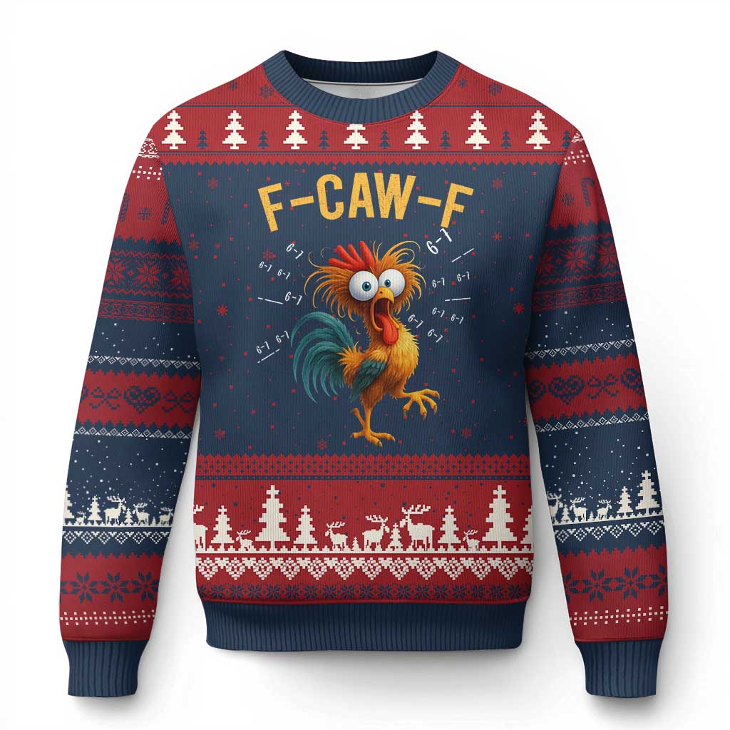 Funny F Caw F 67 Meme Ugly Christmas Sweater Cartoon Rooster Chicken Poultry Humor TS11 Navy Red Print Your Wear