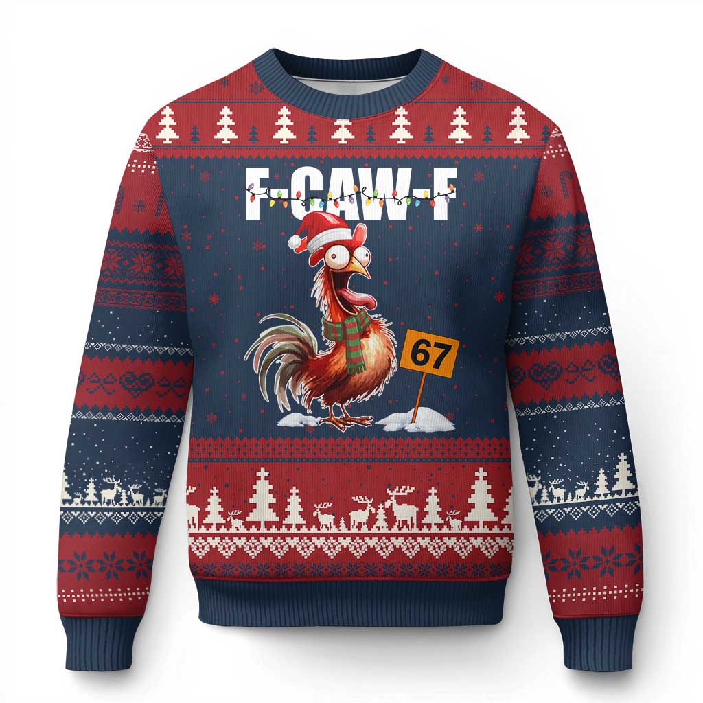 Funny F Caw F 67 Meme Xmas Ugly Christmas Sweater Xmas Cartoon Rooster Chicken Poultry Humor TS11 Navy Red Print Your Wear