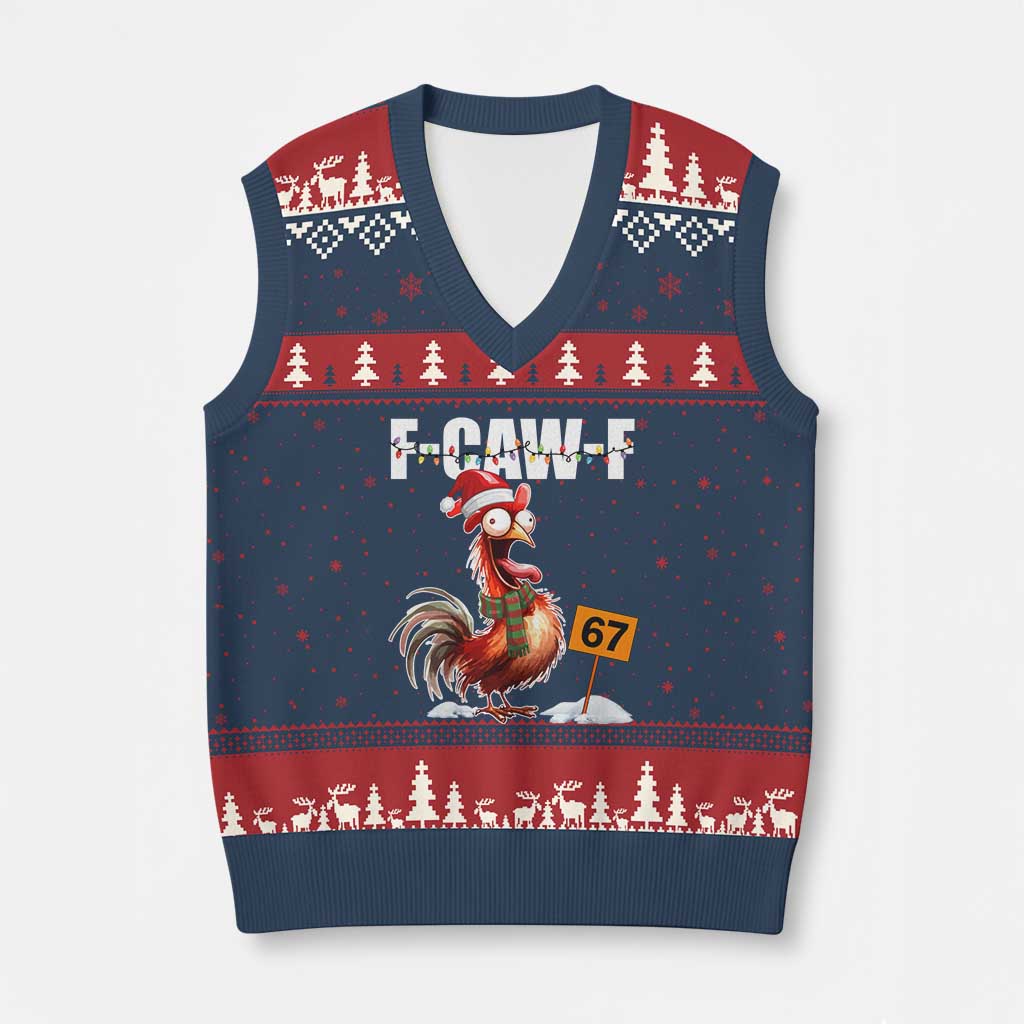 Funny F Caw F 67 Meme Xmas V-Neck Knit Sweater Vest Xmas Cartoon Rooster Chicken Poultry Humor TS11 Navy Red Print Your Wear