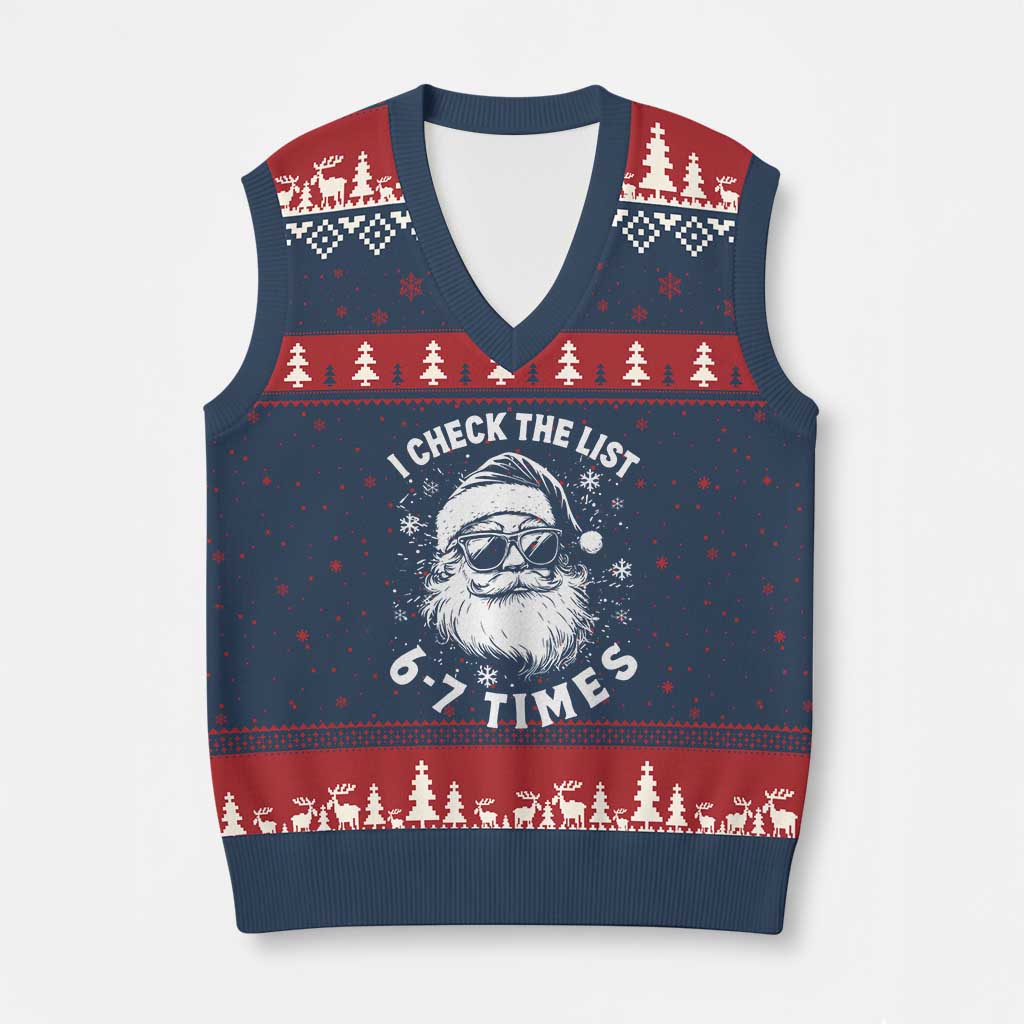 67 Meme Xmas Santa V-Neck Knit Sweater Vest Funny I Check The List 67 Times TS11 Navy Red Print Your Wear