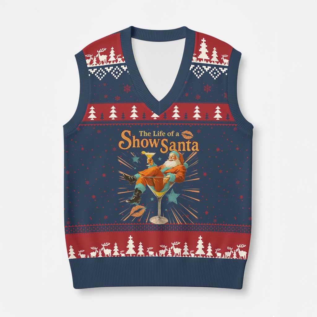 The Life Of The Show Santa V-Neck Knit Sweater Vest Funny Xmas Orange Santa TS11 Navy Red Print Your Wear