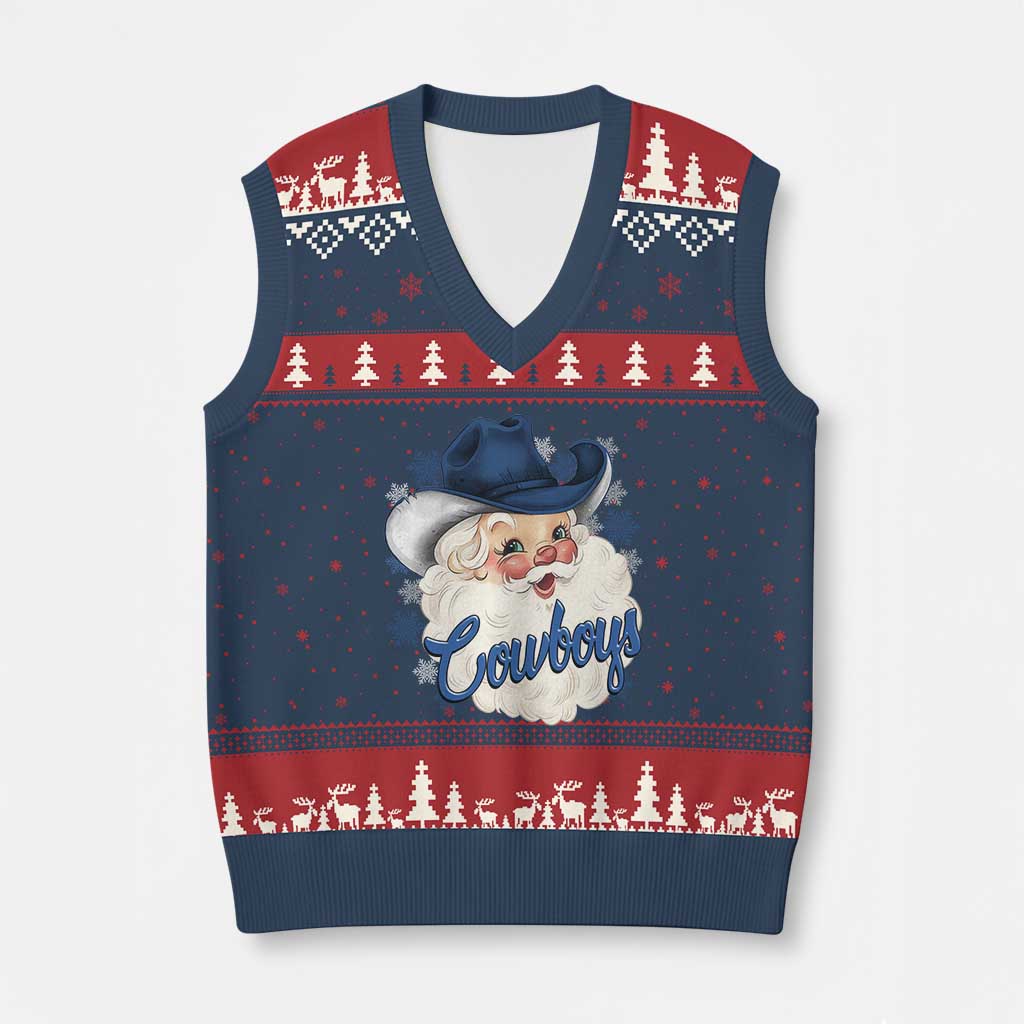 Xmas Cowboys Fan V-Neck Knit Sweater Vest Funny Xmas American Football Blue Santa TS11 Navy Red Print Your Wear