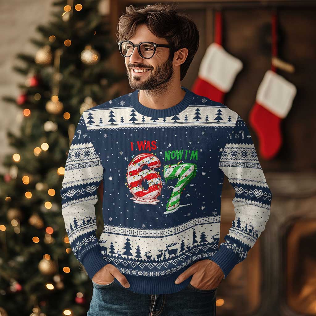 Funny 67 Meme 7 Year Old Birthday Xmas Ugly Christmas Sweater I Was 6 Now I Am 7 Brainrot TS11 Navy Beige Print Your Wear