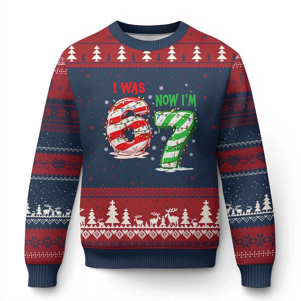 Funny 67 Meme 7 Year Old Birthday Xmas Ugly Christmas Sweater I Was 6 Now I Am 7 Brainrot TS11 Navy Red Print Your Wear