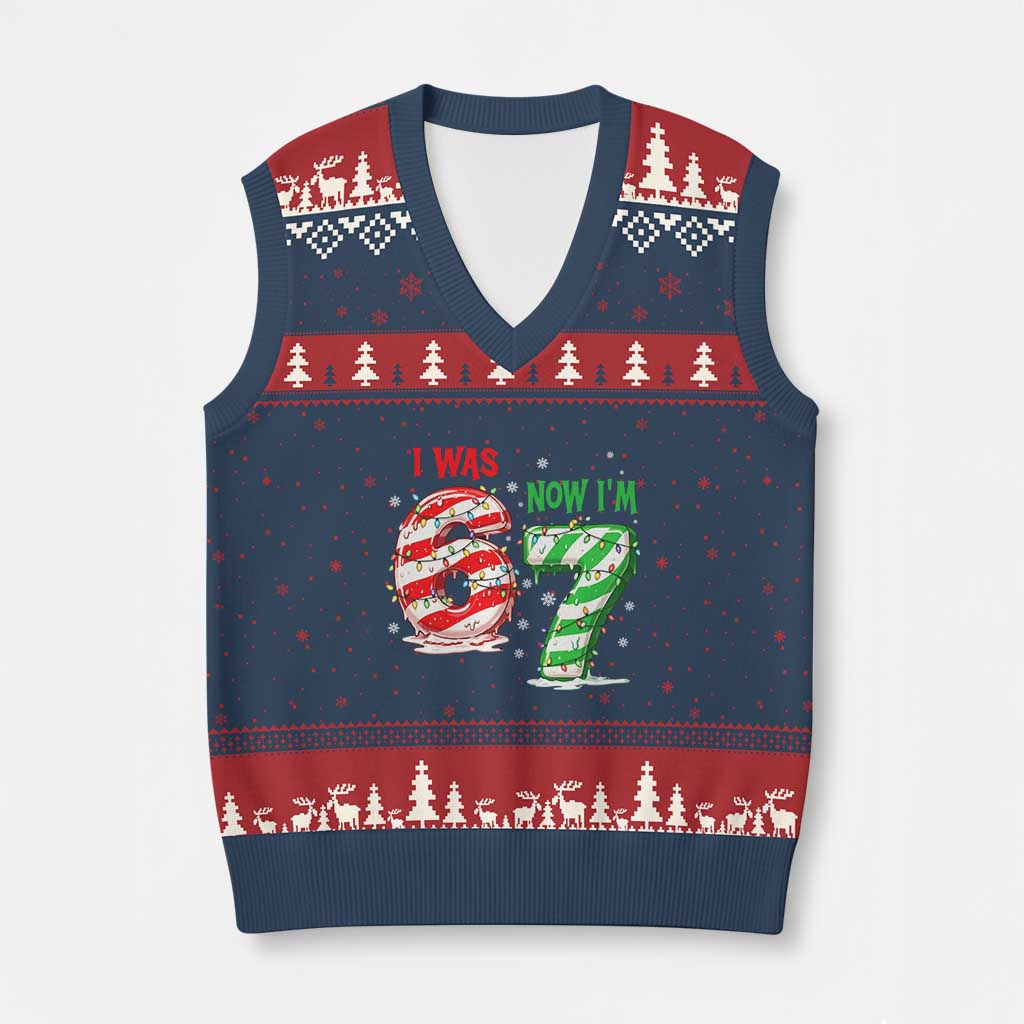 Funny 67 Meme 7 Year Old Birthday Xmas V-Neck Knit Sweater Vest I Was 6 Now I Am 7 Brainrot TS11 Navy Red Print Your Wear