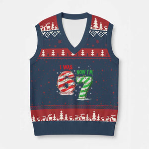 Funny 67 Meme 7 Year Old Birthday Xmas V-Neck Knit Sweater Vest I Was 6 Now I Am 7 Brainrot TS11 Navy Red Print Your Wear