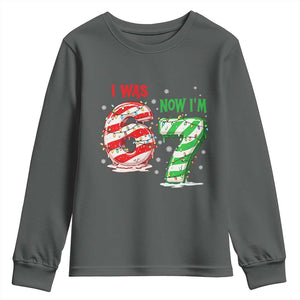 Funny 67 Meme 7 Year Old Birthday Christmas Youth Sweatshirt I Was 6 Now I Am 7 Brainrot TS11 Dark Heather Print Your Wear