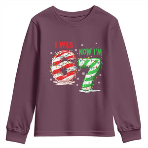 Funny 67 Meme 7 Year Old Birthday Christmas Youth Sweatshirt I Was 6 Now I Am 7 Brainrot TS11 Maroon Print Your Wear