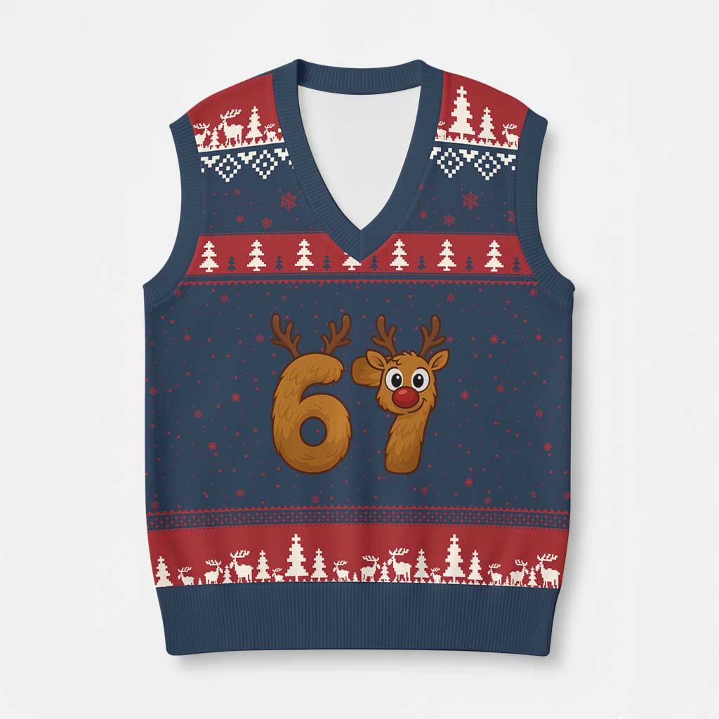Funny 67 Xmas Reindeer V-Neck Knit Sweater Vest Six Seven Meme Xmas Holiday TS11 Navy Red Print Your Wear