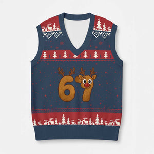 Funny 67 Xmas Reindeer V-Neck Knit Sweater Vest Six Seven Meme Xmas Holiday TS11 Navy Red Print Your Wear