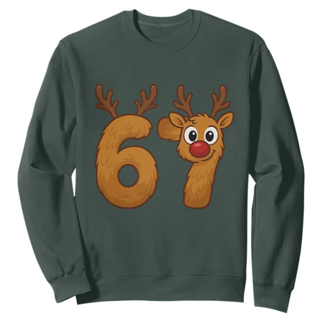 Funny 67 Christmas Reindeer Sweatshirt Six Seven Meme Xmas Holiday TS11 Dark Forest Green Print Your Wear