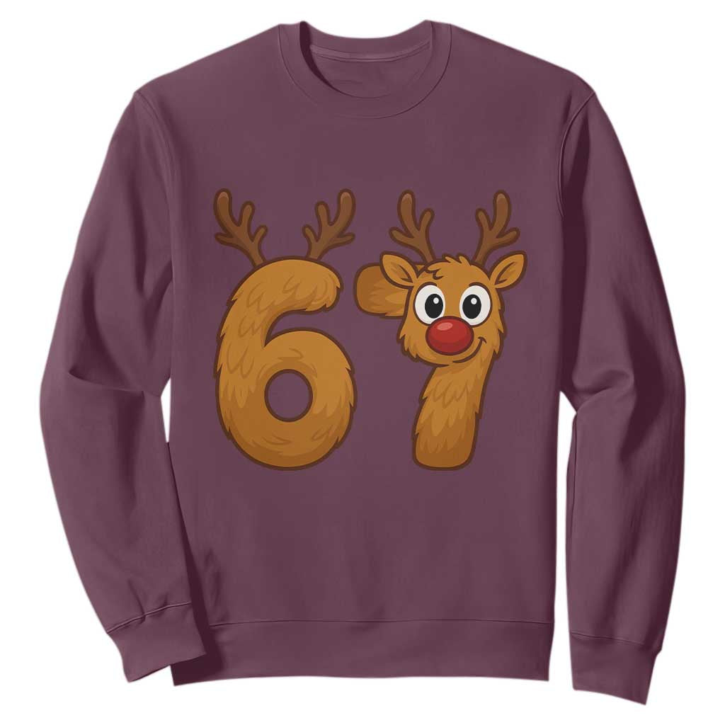 Funny 67 Christmas Reindeer Sweatshirt Six Seven Meme Xmas Holiday TS11 Maroon Print Your Wear