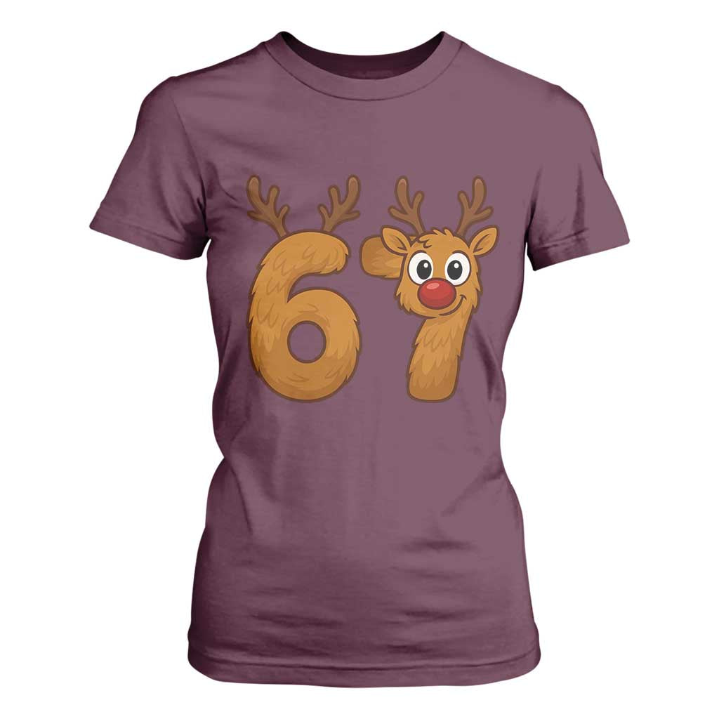 Funny 67 Christmas Reindeer T Shirt For Women Six Seven Meme Xmas Holiday TS11 Maroon Print Your Wear