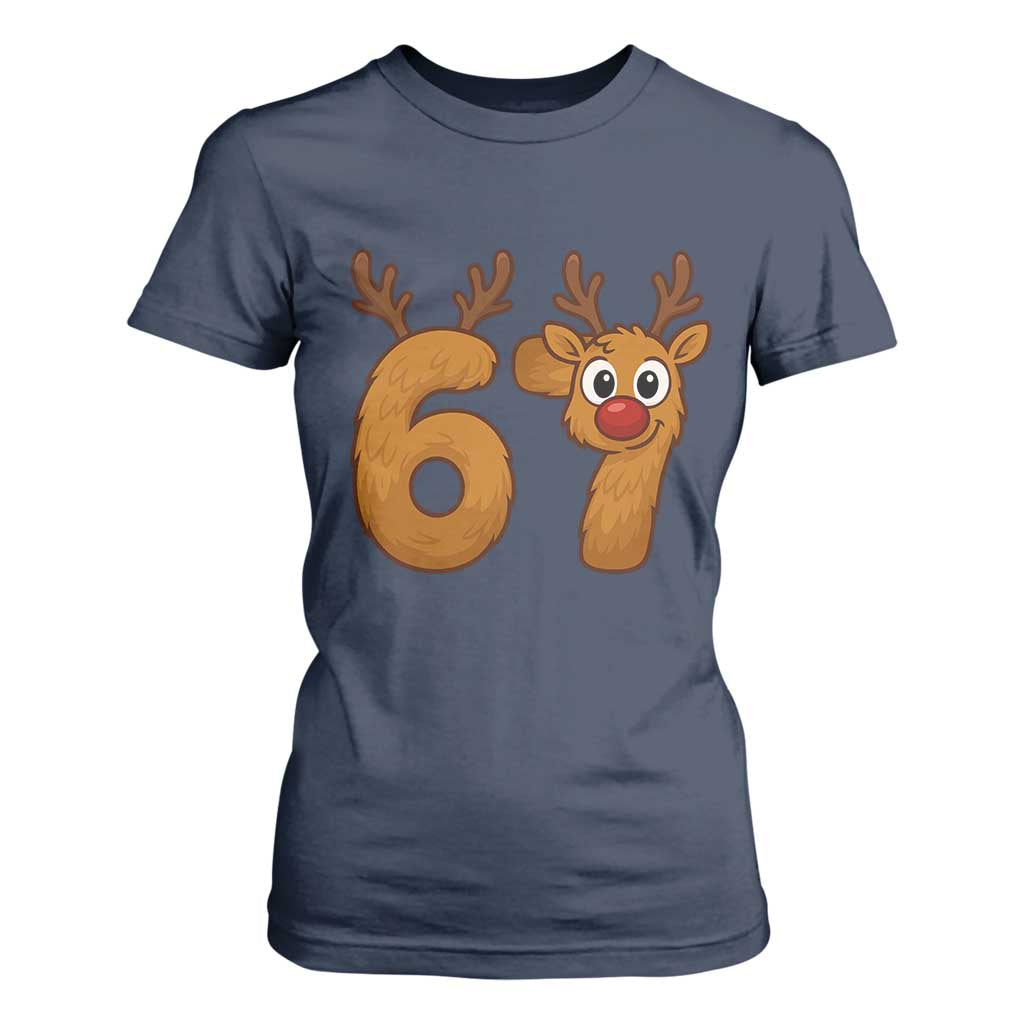 Funny 67 Christmas Reindeer T Shirt For Women Six Seven Meme Xmas Holiday TS11 Navy Print Your Wear