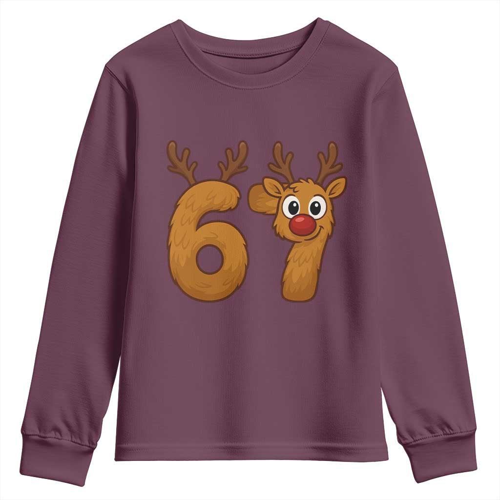 Funny 67 Christmas Reindeer Youth Sweatshirt Six Seven Meme Xmas Holiday TS11 Maroon Print Your Wear