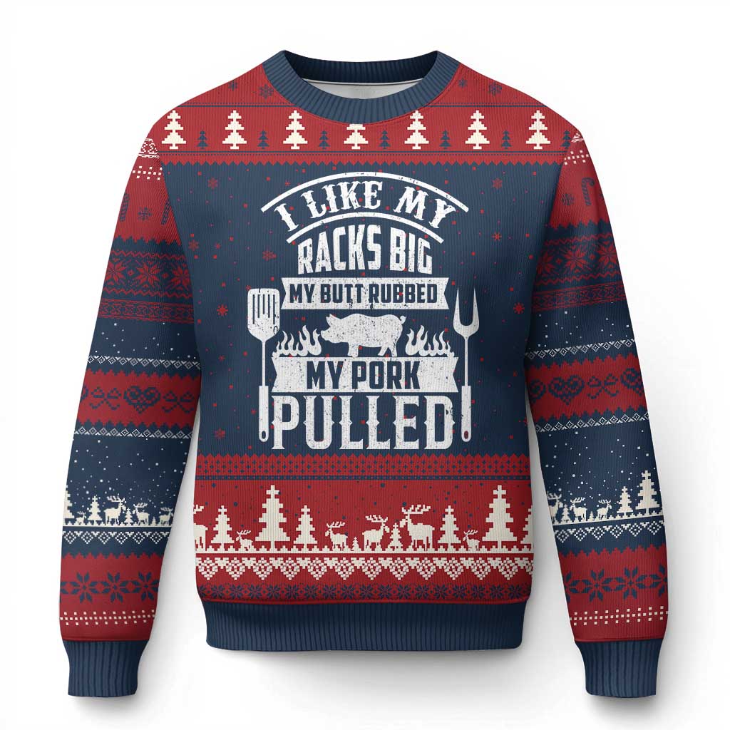 Funny BBQ Grilling I Like My Butt Rubbed And My Pork Pulled Ugly Christmas Sweater Barbecue Father's Day TS11 Navy Red Print Your Wear