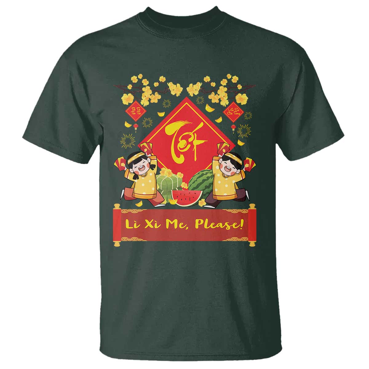Funny Tet Vietnamese New Year 2025 T Shirt Li Xi Me Please Viet Holiday TS11 Dark Forest Green Print Your Wear