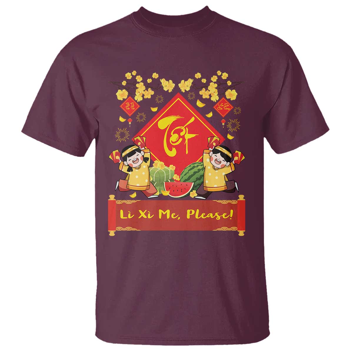Funny Tet Vietnamese New Year 2025 T Shirt Li Xi Me Please Viet Holiday TS11 Maroon Print Your Wear