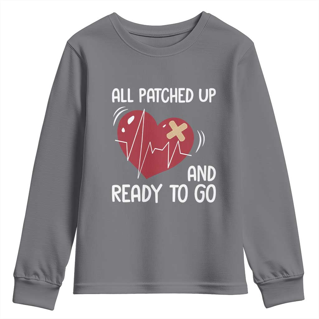 Funny Heart Surgery Recovery Survivor Youth Sweatshirt All Patched Up And Ready To Go CHD Awareness TS11 Charcoal Print Your Wear