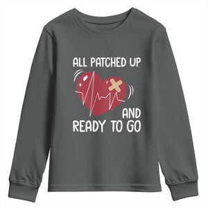 Funny Heart Surgery Recovery Survivor Youth Sweatshirt All Patched Up And Ready To Go CHD Awareness TS11 Dark Heather Print Your Wear