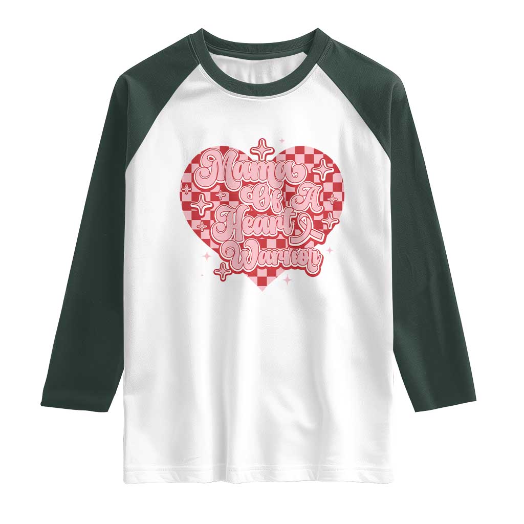 Mama Of A Heart Warrior Raglan Shirt CHD Awareness Retro Red Checkered Heart TS11 White Dark Forest Green Print Your Wear