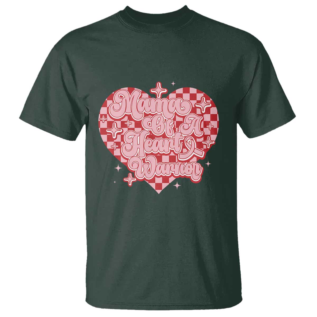 Mama Of A Heart Warrior T Shirt CHD Awareness Retro Red Checkered Heart TS11 Dark Forest Green Print Your Wear