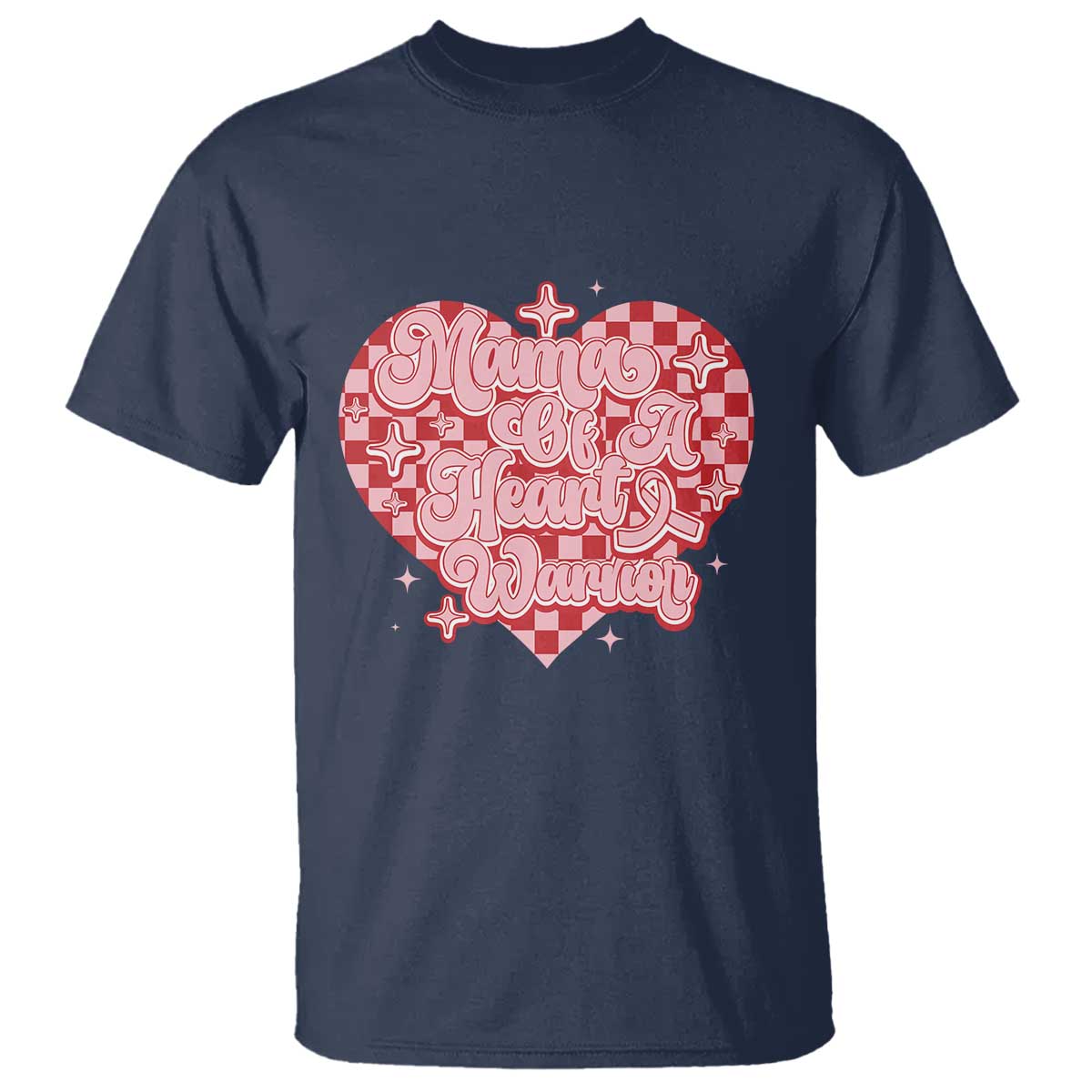 Mama Of A Heart Warrior T Shirt CHD Awareness Retro Red Checkered Heart TS11 Navy Print Your Wear