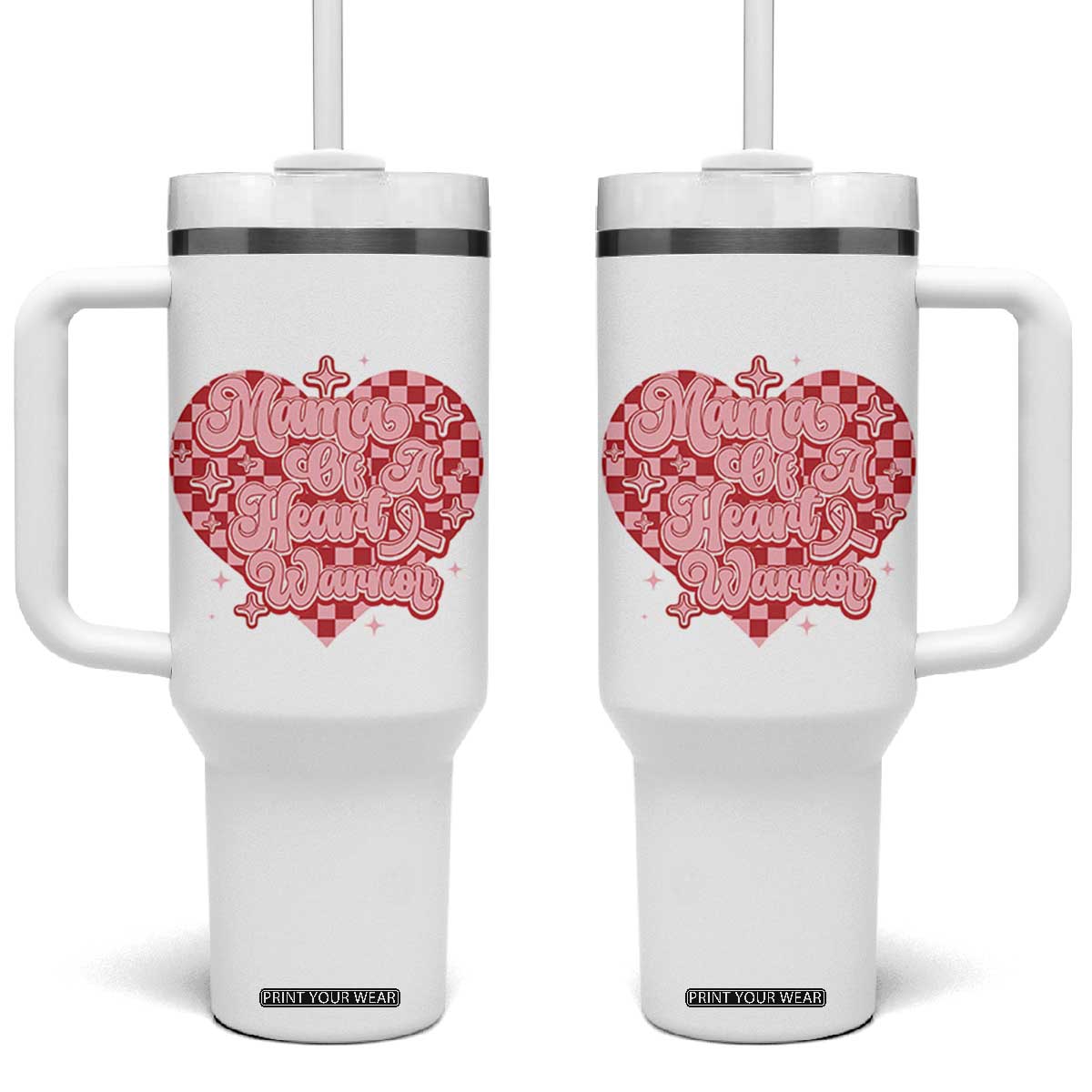 Mama Of A Heart Warrior Tumbler With Handle CHD Awareness Retro Red Checkered Heart TS11 One Size: 40 oz White Print Your Wear